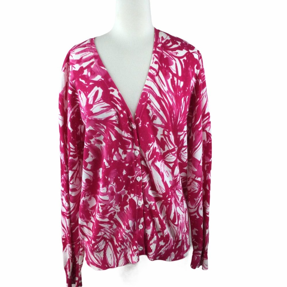 St. John's Bay Pink Tropical Print‎ Cardigan, Large